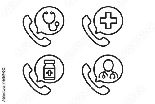 Medical advice online icon set. Telemedicine and telehealth support line symbols. Phone consultation with doctor concept. Vector outline icons of stethoscope, cross, pills.