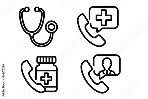 Medical advice icon set. Telemedicine and telehealth concepts. Online doctor consultation, virtual support, phone hotline, pharmacy, stethoscope. Outline vector illustration.