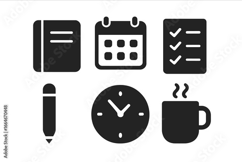 Morning Routine Icons Set - Solid Filled Vector Illustrations of Daily Planning Elements Including Notebook, Calendar, Checklist, Pencil, Clock, and Coffee Cup for Productivity and Scheduling