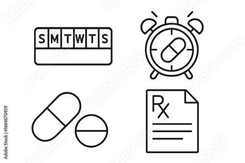 Medication management tools line icon set. Vector outline symbols for healthcare, pharmacy concepts. Weekly pill organizer, medicine reminder clock, Rx prescription, tablets.