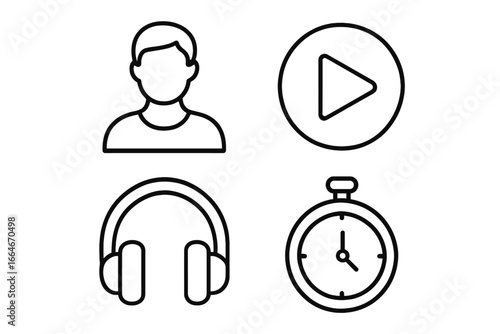 Guided meditation line icon set. Narrator, play button, headphones, and timer icons for mindfulness app. Mental health and wellness concept. Audio guide for relaxation. Vector.