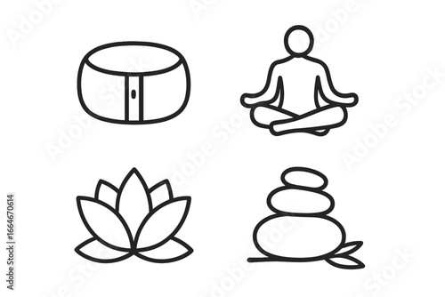 Meditation icon set for mindfulness and yoga. Vector outline symbols of lotus position, zen stones, zafu cushion, and lotus flower. Wellness, balance and harmony concept.