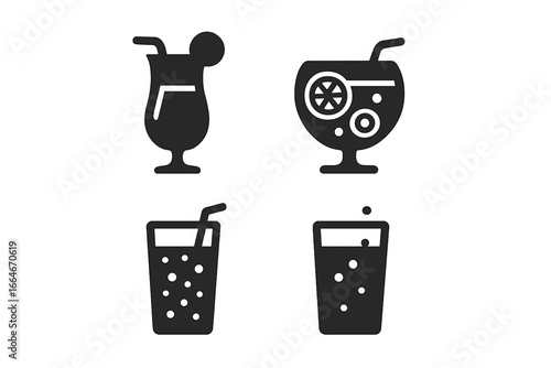 Non-alcoholic cocktail icons solid filled set of 4 stylish mocktail glasses with fruit punch soda mixer bubbles vector illustration on transparent background