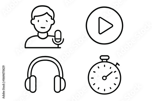 Guided meditation & mindfulness app line icon set. Vector outline icons of a narrator, podcast host, play button, audio guide, headphones, and timer for mental wellness & relaxation.