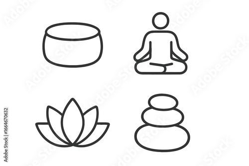 Meditation and mindfulness outline icon set. Yoga in lotus position silhouette, zen stones, meditation cushion and lotus flower. Wellness, calm and relaxation symbols. Line art.