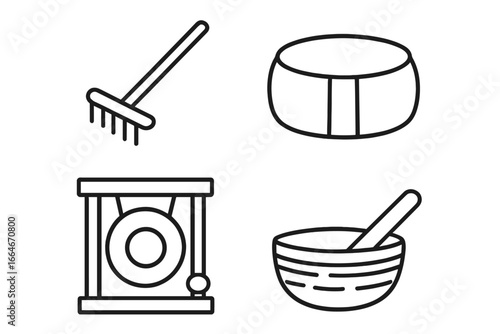 Meditation icon set for mindfulness & relaxation. Vector line art symbols of zen garden rake, zafu cushion, gong, and singing bowl. For yoga studio, spiritual retreat & wellness.