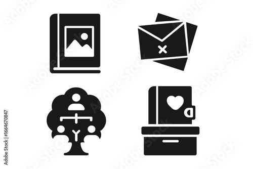 Memories and legacy solid glyph icon set. Family history and genealogy concept. Photo album, old letters, family tree, and keepsake memory box vector illustration.