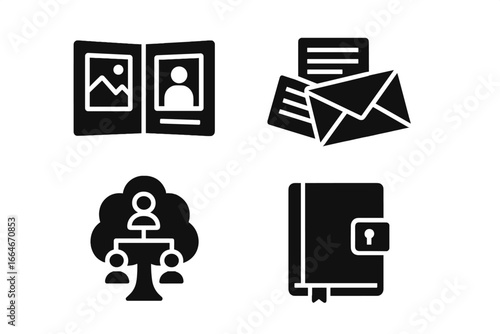 Memories and legacy solid icon set. Family history and genealogy concept. Photo album, old letters, family tree, personal diary with lock. Keepsake vector symbols.