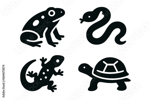 Rainforest Creatures Icons. Solid filled icon set of 4 rainforest reptiles and amphibians including poison dart frog, boa snake, gecko, and turtle vector illustration