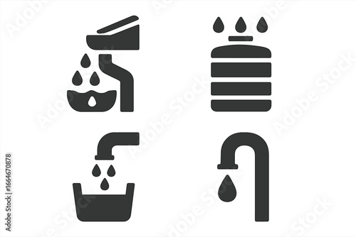Rainwater harvesting icons set, solid filled vector illustration of rainwater collection system equipment including rain gutter, water tank, collection pipe, faucet, water drop symbols