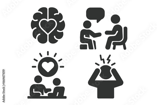 Mental health glyph icon set. Psychology, therapy session, and counseling concepts. Brain with heart for emotional intelligence. Stress, anxiety, and burnout relief symbol.