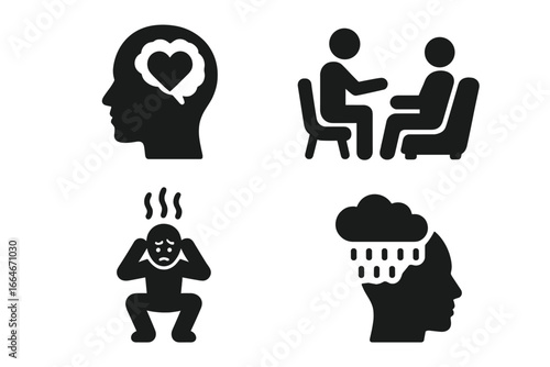 Psychology icons glyph set. Mental health support, therapy, stress, anxiety, depression concepts. Head with heart, counseling session, burnout man, sad mind vector pictogram.