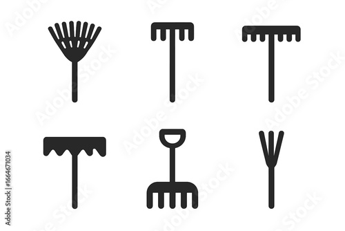 Rake Icons Grid Collection. Solid Filled Vector Set of Various Rake Types Including Leaf Rake, Garden Rake, Landscape Rake, Thatch Rake, Bow Rake, Shrub Rake. Transparent Background Illustration