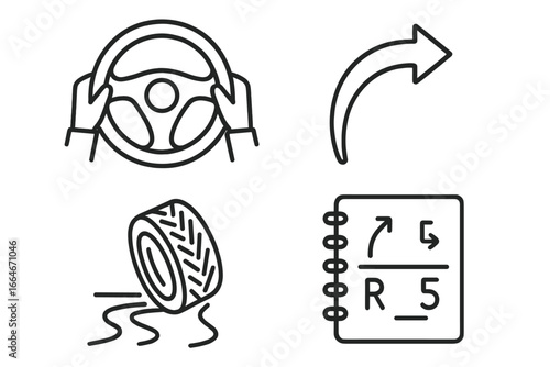 Rally driving icons set with POV steering wheel, drift angle arrow, tire skid marks, co-driver notes, motorsport symbols, race car control elements, vector illustration