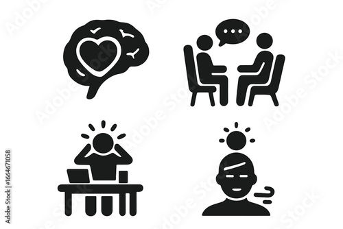 Mental health solid icon set. Psychology concept with brain and heart. Therapy session, counseling, work stress, burnout, anxiety, headache, mindfulness, relaxation pictogram.