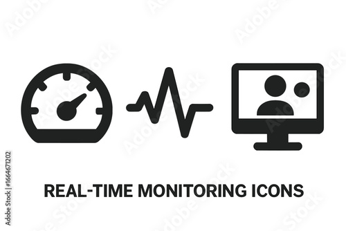 Real-Time Monitoring Icons Set, Solid Filled Vector Performance Control, Speed Gauge, Data Pulse, Active Sessions, System Dashboard, Network Monitoring Symbols