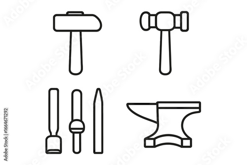 Metalworking blacksmith tool icon set. Outline icons for forging, including hammer, planishing hammer, riveting set, metal chisel, and anvil. Vector line art illustration.