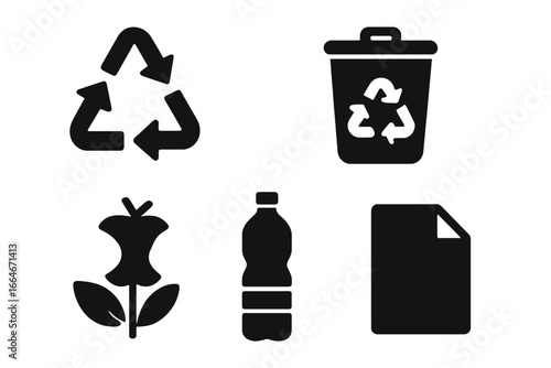 Solid Filled Recycling Icons Grid - Vector Set of Eco-Friendly Symbols Including Recycling Arrows, Trash Bin, Compost, Plastic Bottle, and Paper Sheet on Transparent Background