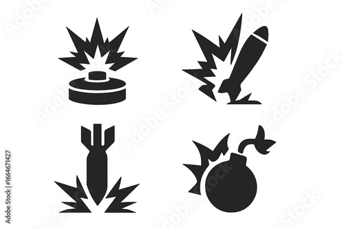 Explosive Hazard Warning Icons Set, Bomb Detonation, Landmine, Missile Strike, Grenade Blast, Explosive Danger Symbol Vector Collection for Safety and Military Signage
