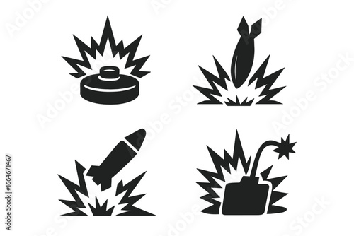 Military Explosive Icons Solid Filled Vector Set of 4 Including Landmine Detonation, Artillery Shell Explosion, Missile Strike Blast and Bomb Explosion Graphic Illustration