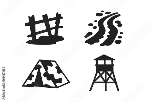 Military landscape icons set with solid filled design featuring broken fence, muddy trail with tire tracks, camouflage tent, and observation lookout tower silhouette vector illustration