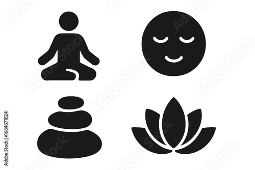 Mindfulness icon set solid filled vector collection of meditation pose, calm peaceful face, zen stacking stones, lotus flower symbol for relaxation and contemplation