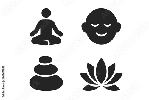 Mindfulness icon set solid style, filled meditation icons with contemplation pose, calm peaceful face, zen balanced stones, lotus flower vector illustration for wellness and spirituality