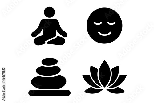 Mindfulness icon set, solid black meditation pose, calm face illustration, zen stacked stones, lotus flower vector, filled silhouette for wellness and relaxation design