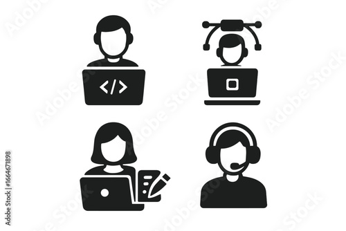 Remote job icons solid filled vector set of remote work roles including software developer, graphic designer, content writer, customer support representative, remote career concept illustration