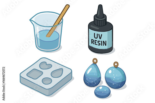 Isometric Resin Crafting Icons Set with UV Resin Bottle, Silicone Mold, Mixing Cup, and Resin Jewelry Elements Vector Illustration on Transparent Background