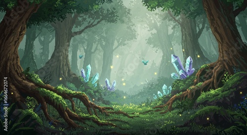 Generative AI Pixel Art Magical Forest with Crystals Pixel art Trees Landscape Nature Moss Roots Foliage Plants Path Light Glowing Pixelated 8-bit 16-bit Environment Scene - High Quality