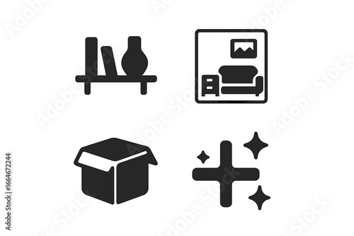 Minimalist Lifestyle Icons Set of 4, Modern Solid Filled Vector Illustrations of Simple Shelf, Tidy Room, Decluttering, Clean Living Concepts
