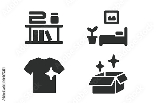 Modern Minimalist Lifestyle Icons Set of 4, Solid Filled Vector Illustrations Featuring Simple Shelf, Tidy Room, Clean Shirt, Sparkling Open Box, Decluttering and Organized Living Concepts