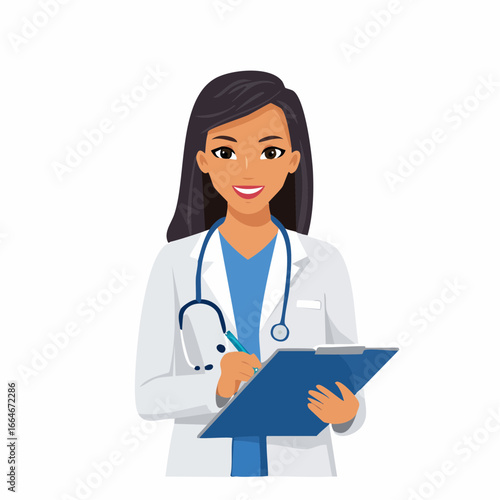 Smiling female doctor in white coat writing on clipboard with pen