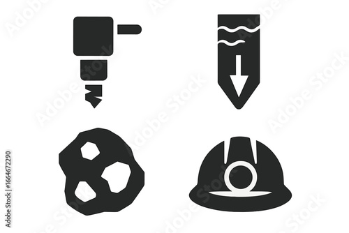 Mining Icons Set, Solid Filled Vector Collection of Core Drill, Borehole, Rock Sample, and Geology Helmet Symbols for Mining and Geological Exploration