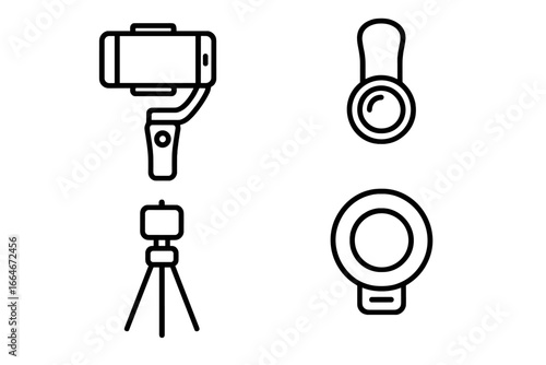 Mobile Photography Gadgets Outline Icon Set of 4 Including Smartphone Gimbal, Clip-On Lens, Mini Tripod, and Ring Light Vector Illustration on Transparent Background for Content Creators