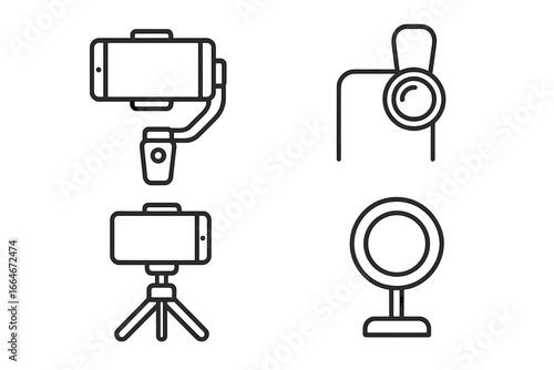 Mobile photography gadgets outline vector set including smartphone gimbal stabilizer, clip-on lens, mini tripod, and ring light for enhanced mobile videography and photo shooting