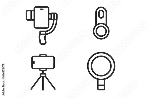 Outline Icon Set of 4 Mobile Photography Gadgets Including Smartphone Gimbal, Clip-On Lens, Mini Tripod, and Ring Light Vector Illustration on Transparent Background