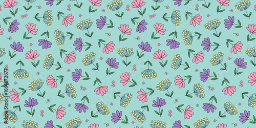 Bright abstract flowers, leaves. Floral seamless pattern of simple plant drawings. Doodle illustration, repeating background.