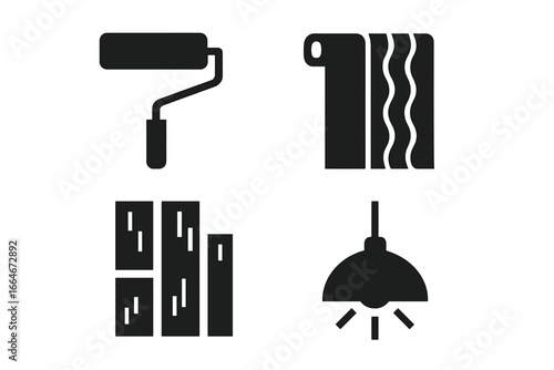Room Renovation Icons. Solid filled vector icon set of room renovation elements including paint roller, wallpaper, floor planks, hanging light fixture for interior design and remodeling
