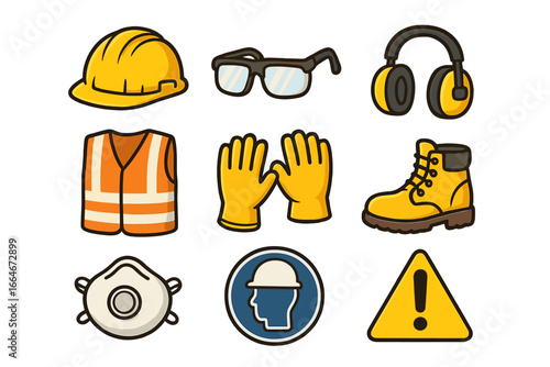 Safety equipment icons for workplace health and protection, construction site essentials, organized layout of protective gear vector cartoon illustration