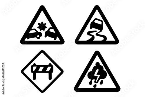 Route hazards icons set, solid filled vector symbols for traffic alerts including accident, slippery road, roadblock, severe weather warning, safety signs, transport warnings