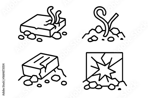 Outline icon set of rubble and debris scenes with concrete slab, twisted metal rebar, broken brick, shattered glass, destruction, building collapse, disaster debris vector illustrations