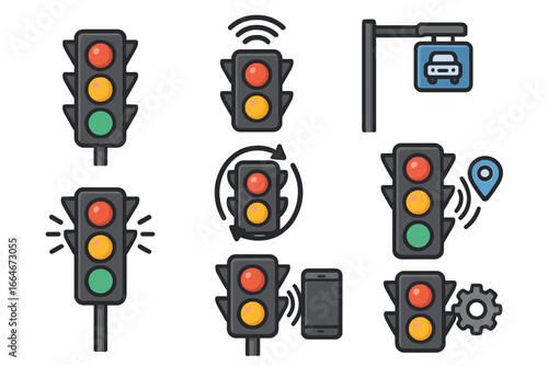 Traffic Signal Icons Representing Various Designs and Smart Technology Features in Urban Settings, Vector Cartoon Illustration on Transparent Background, Ordered Set