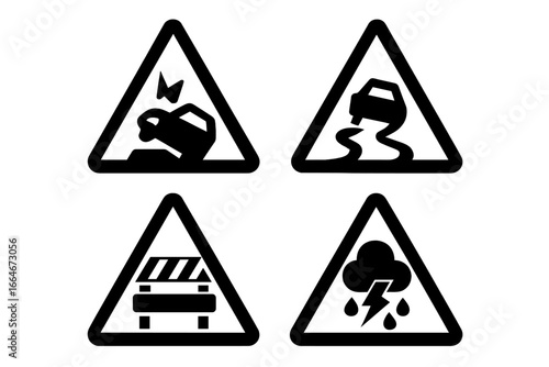 Route hazards and alerts solid filled icons set, including accident, slippery road, roadblock, and severe weather warning symbols, vector illustration on transparent background