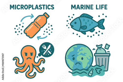 Understanding the Impact of Microplastics on Marine Life and the Environment, Pollution Effects on Ocean Creatures, Sea Ecosystems and Earth, Environmental Awareness Vector Illustration