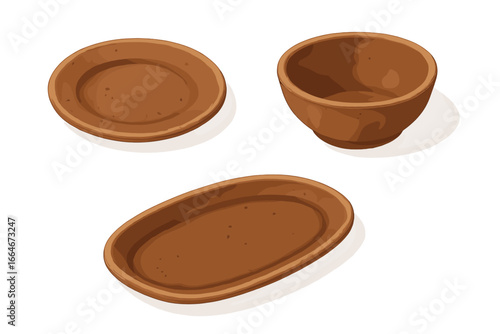 Rustic Ceramic Tableware Icon Set, Isometric Flat Design Collection Featuring Dinner Plate, Salad Bowl, Serving Platter, Kitchen Dining Essentials, Vector Illustration
