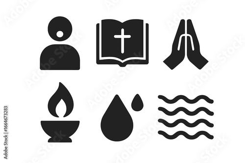 Sacred Practice Icons Solid Filled Vector Set - Chanting Figure, Sacred Text Bible, Prayer Hands, Ritual Flame, Water Drop, Spiritual Symbols Illustration