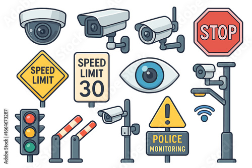 Variety of Surveillance Cameras, Traffic Control Signs, and Monitoring Icons Illustrating Modern City Infrastructure, Police Monitoring, Speed Limits, and Safety Measures in Vector Cartoon Style