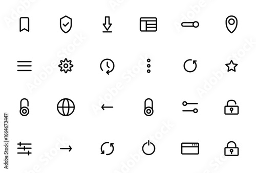 Web buttons icon set. Minimal vector UI controls. Includes symbols for Bookmark, Shield, Download, Menu, Settings, Lock, Unlock, Power off, and more. Editable stroke.